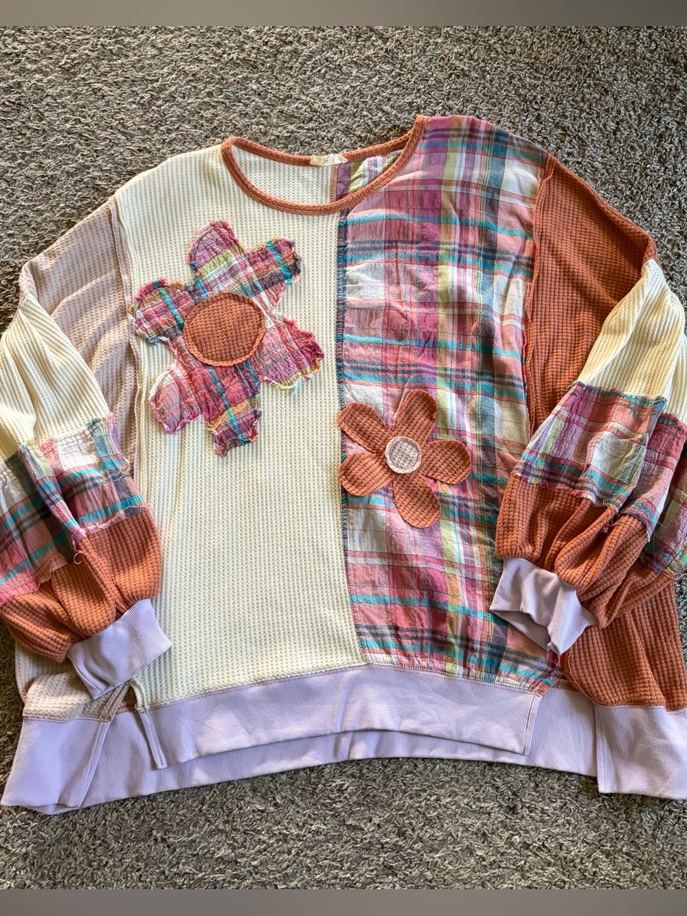 Easel Daisy Patchwork Long Sleeve Shirt Top Oversized Cozy Thermal Knit Large
